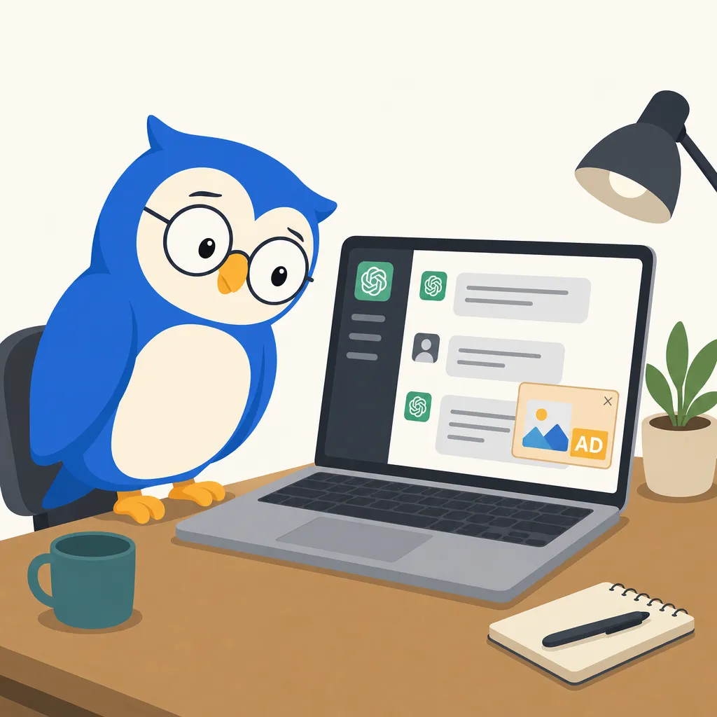 Quill the owl illustration for OpenAI starts testing ads inside ChatGPT