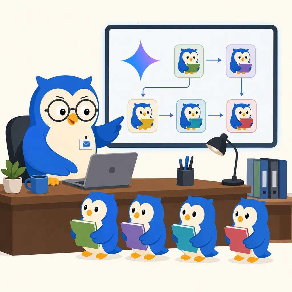 Quill the owl illustration for Google Turns Gemini Into a Coworker With Its Own Email Address